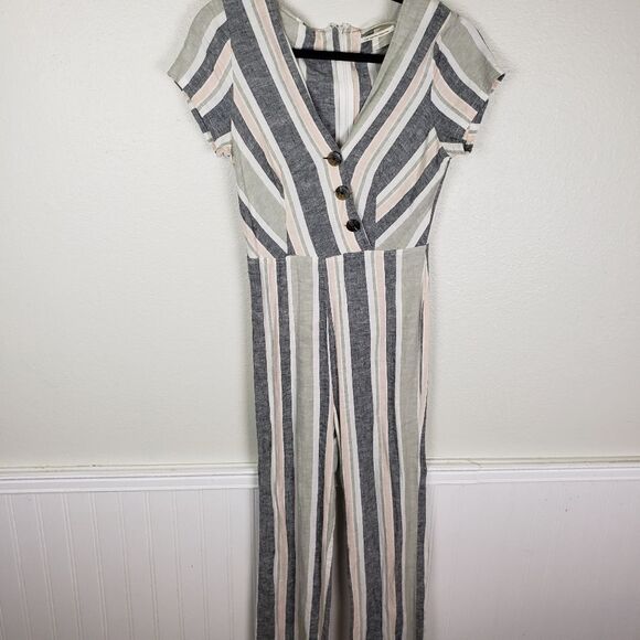 Urban Outfitters Women's Pink Blue Linen Blend Zip Up Long Jumpsuit Size Small - Picture 6 of 12